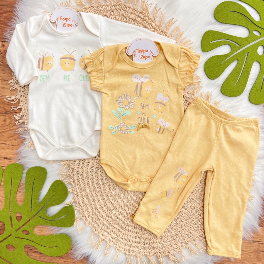 Conj. de Malha 3 Peças - Abelhinhas Bem Me Quer - Amarelo e Off White Conj. de Malha 3 Peças - Abelhinhas Bem Me Quer - Amarelo e Off White